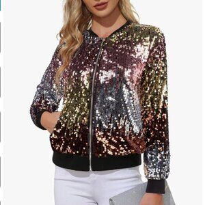 NEW Kancy Kole Sequin Bomber Jacket, Black Gold Pink, XL